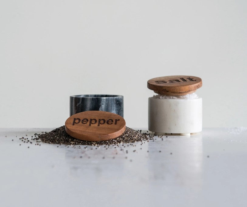 2-1/2" Round Marble Salt/Pepper Pinch Pot w/ Wood Lid, White & Black
